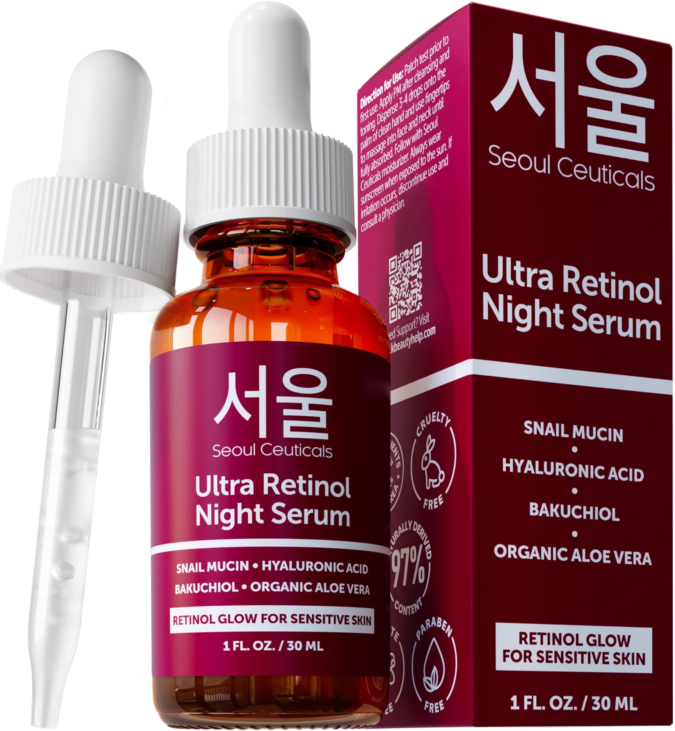 SeoulCeuticals 1% Korean Retinol Night Serum - 97.5% Snail Mucin + Hyaluronic Acid + Bakuchiol - Cruelty Free K Beauty Retinol Face Serum for Sensitive Skin - 30ml