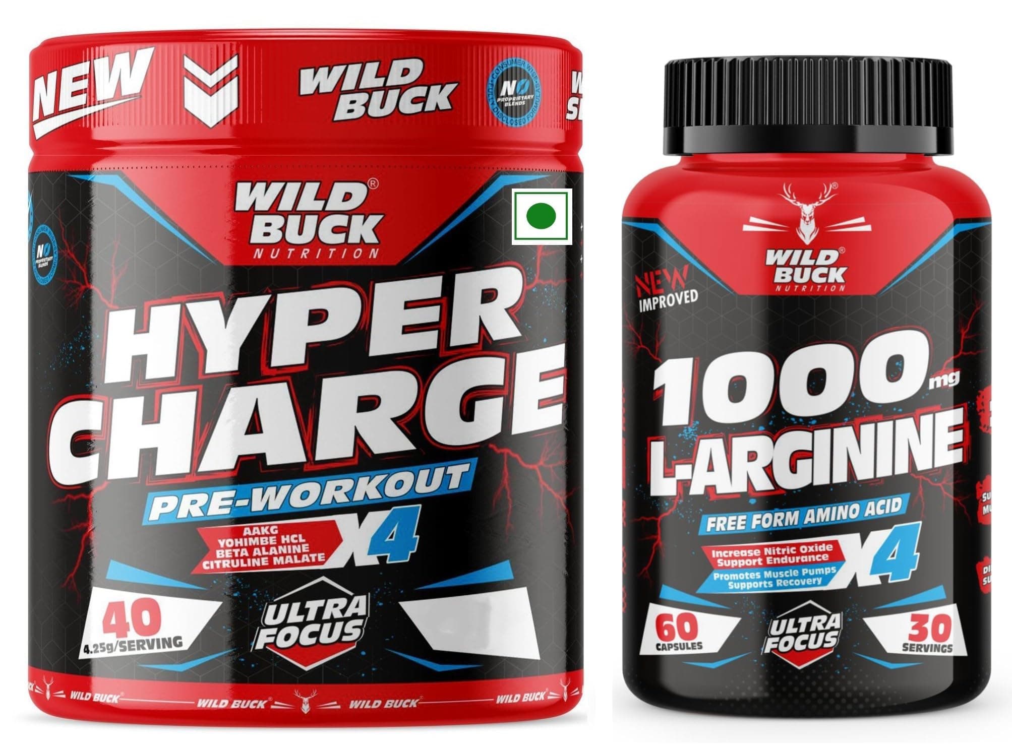 WILD BUCK Hyper Charge Pre-X4 Hardcore Pre-Workout Supplement Powder with Creatine Monohydrate, Arginine AAKG, Beta-Alanine, Caffeinated Punch - For Men & Women [40 Servings, Watermelon Twist] + WILD BUCK L Arginine 1000mg Nitric Oxide Precursor Supplement for Massive Pumps, Maximum Vascularity and Muscle Growth, Stamina, Recovery | Essential Amino Acids | Powerful NO Booster - 60 Capsules
