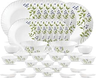 La Opala Novo Collection Opal Glass Crockery | for Family of 6 | Dinner Set 35 pcs Lush Greens | Plates & Bowls for Dining | Microwave Safe | 100% Vegetarian | Extra Strong | Light & White