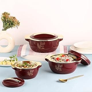 CELLO Radiant Set of 3 Pcs Insulated Steel Casserole Hot Box For Kitchen, Burgundy (500ml, 1000ml, 1500ml) | Airtight Hot Pot Case Keeps Food Hot & Warm, Casserole Set For Roti Chapati Rice Biryani