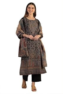 Aurelia Women's Black Yarn Dyed Straight Kurta & Straight pant with Shawl Set
