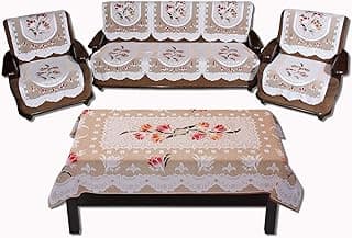 Yellow Weaves Polyester Floral 5 Seater Sofa and Chair Cover Set with 1 Center Table Cover - (Off White)