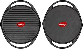 Pigeon Imperi Cast Iron 2-Side Dosa/Roti Tawa + Grill 31cm Tava, 2-in-1, Free Silicone Grips, Pre-Seasoned,100% Toxin-Free, Naturally Nonstick, Makes Food Tastier, Strong & Durable, Gas & Induction