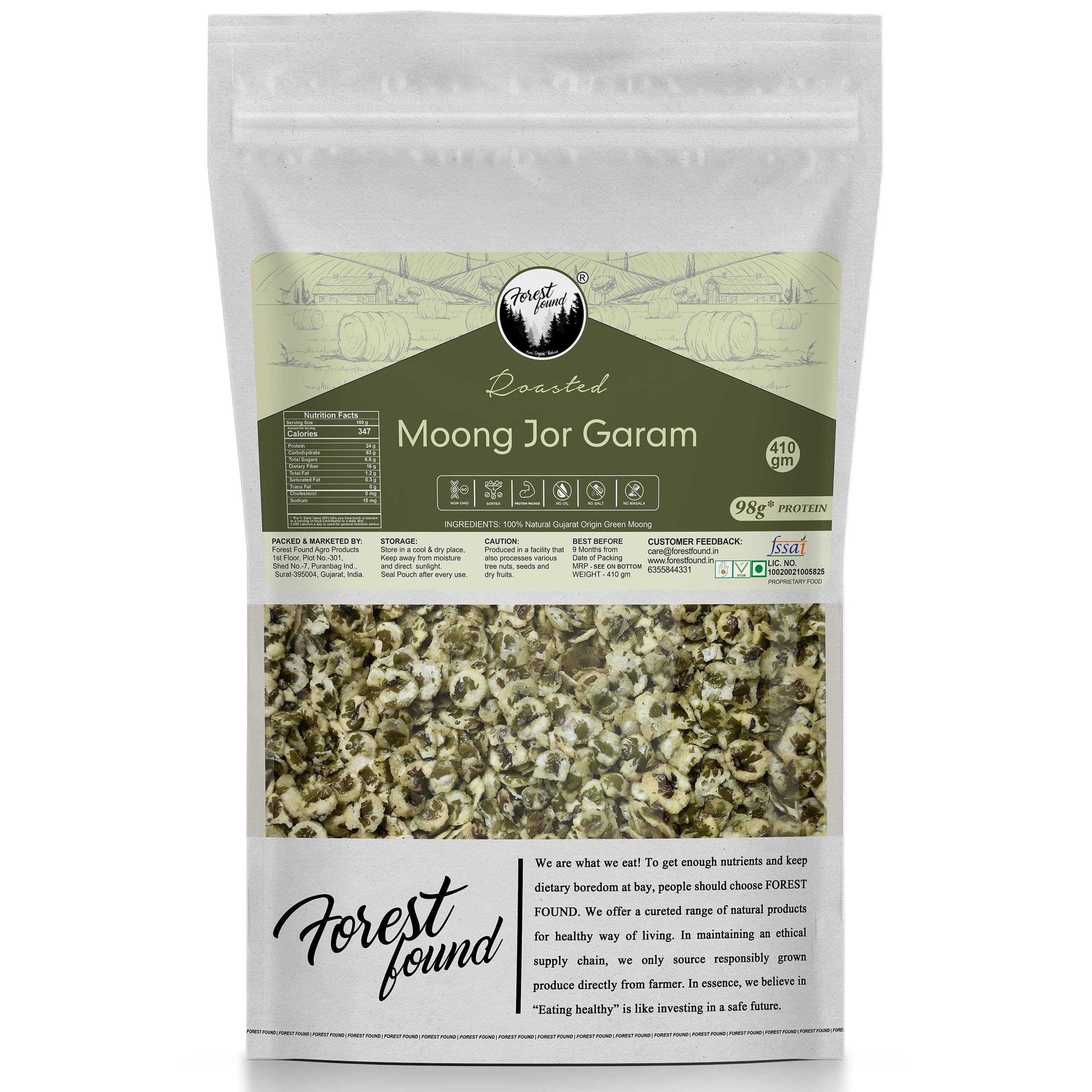 Forest Found Roasted Moong Jor Garam (Vacuum Roasted) | Roasted Green Mung Healthy Snack (410g) | Oil-Free Protein & Fiber | 100% Natural Gujarat Moong Snack