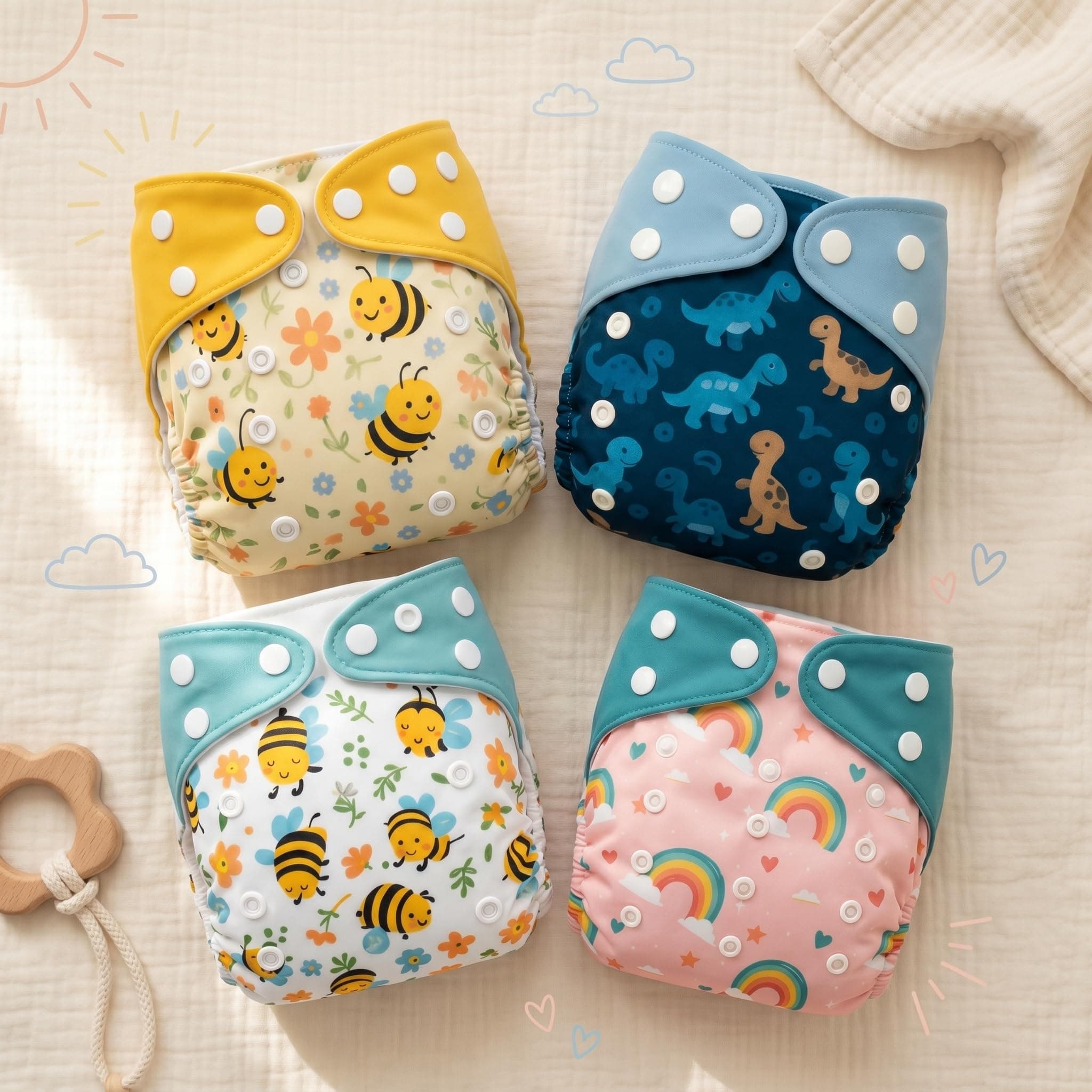 Blushbaby Premium Reusable Cloth Diapers for Babies | 3 Months–3 Years | 4 Washable Diapers with 4 Absorbent Insert Pads | Adjustable, Leakage Proof cloth diapers for babies | Freesize Diaper 5–18kg