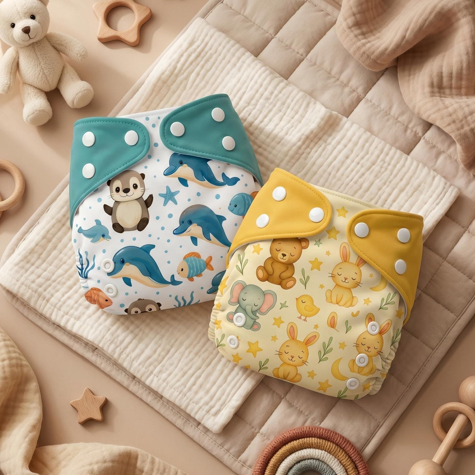 Blushbaby Premium Reusable Cloth Diapers for Babies | 3 Months–3 Years | 2 Washable Diapers with 2 Absorbent Insert Pads | Adjustable, Leakage Proof cloth diapers for babies | Freesize Diaper 5–18kg