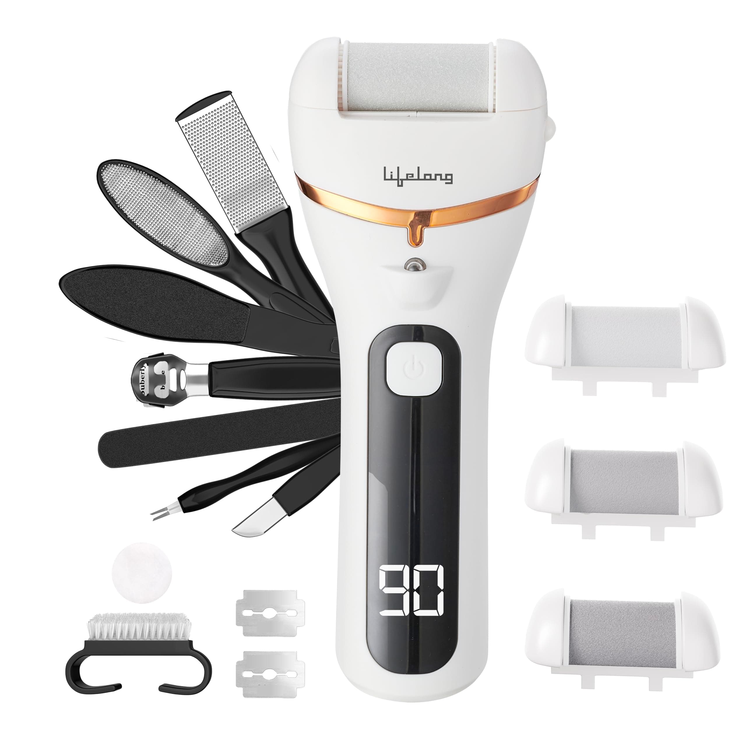 Lifelong Callus Remover for Feet Electronic with 3Heads | 14-in-1 Pedicure Tool Kit | Type-C Rechargeable Foot Scrubber for Dead Skin Remover | 3-Hr Runtime, Waterproof, 3-Speed Foot Cleaner & Filer