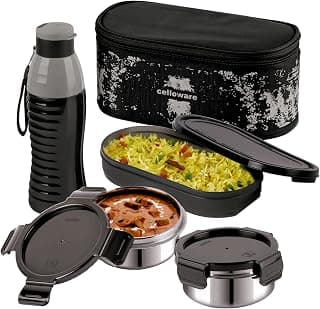 CELLO Gemini Lunch Box Gift Set of 3 Pieces with Bag for Office Use Black | 300ml x 2 Steel Round Containers, 500ml x 1 Oval Container with 600 ml Water Bottle, Leak Proof Tiffin Set for School Travel