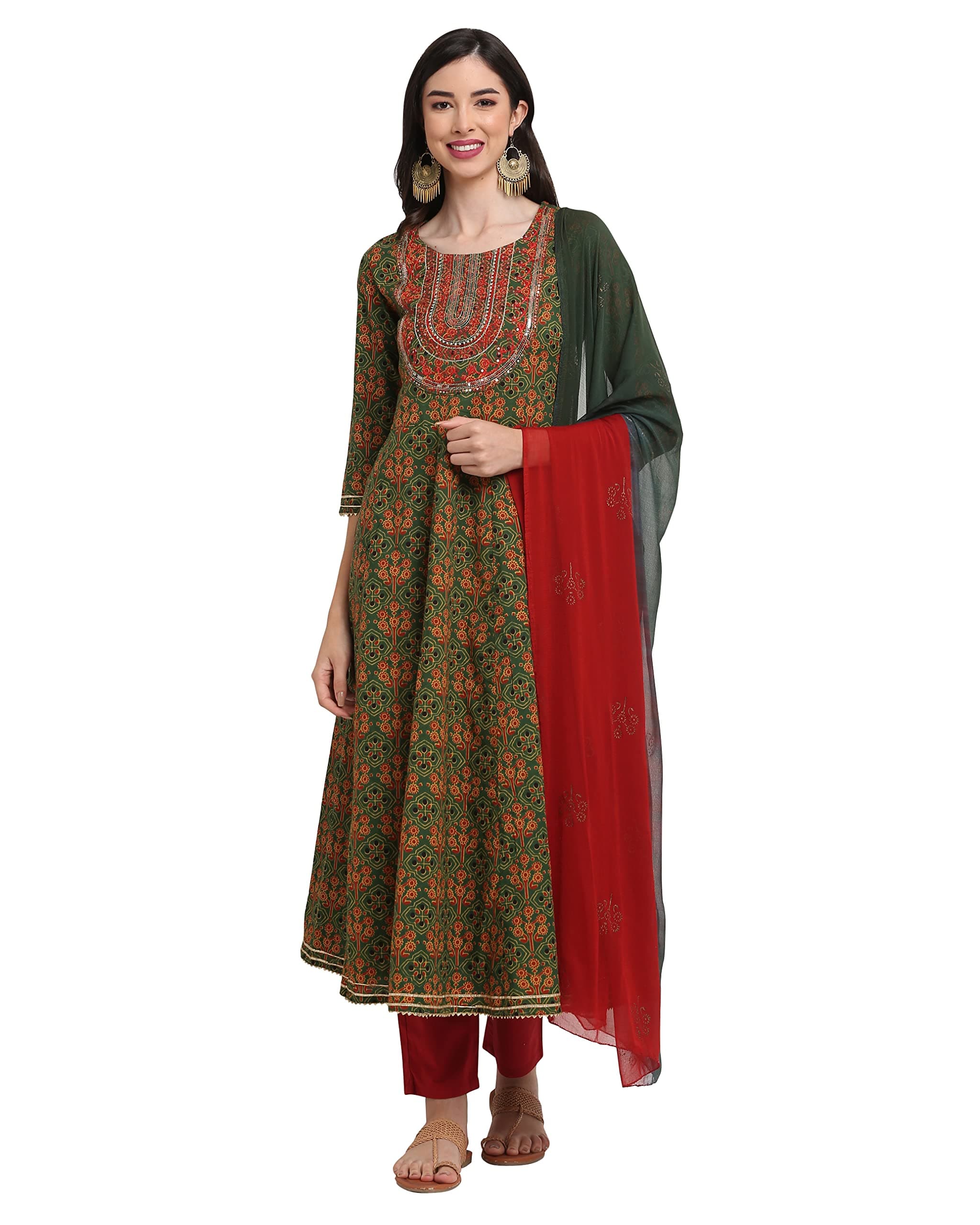 Monira Women's Pure Cambric Cotton Embroidered Kurta Set With Dupatta (Green & Red)