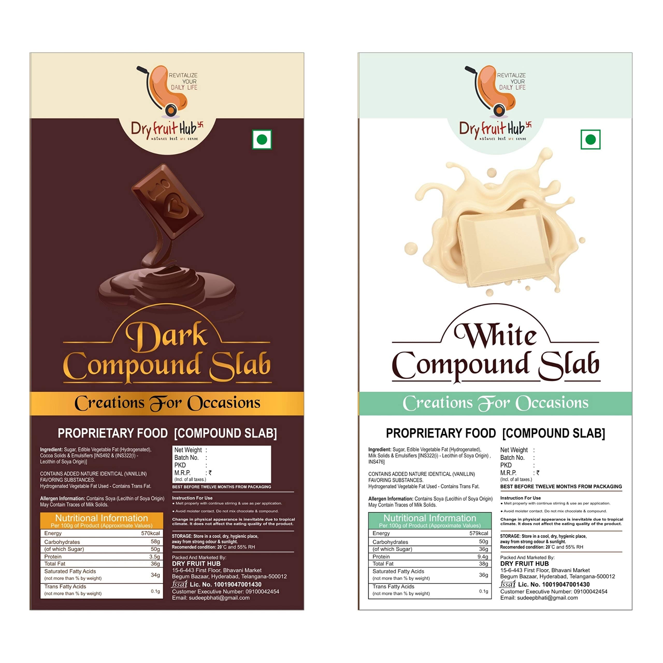Dry Fruit Hub Dark & White Chocolate Compound, Dark Chocolate for Cake Baking, Dark Chocolate Bar, Dark Compound Slab, Each 400gm
