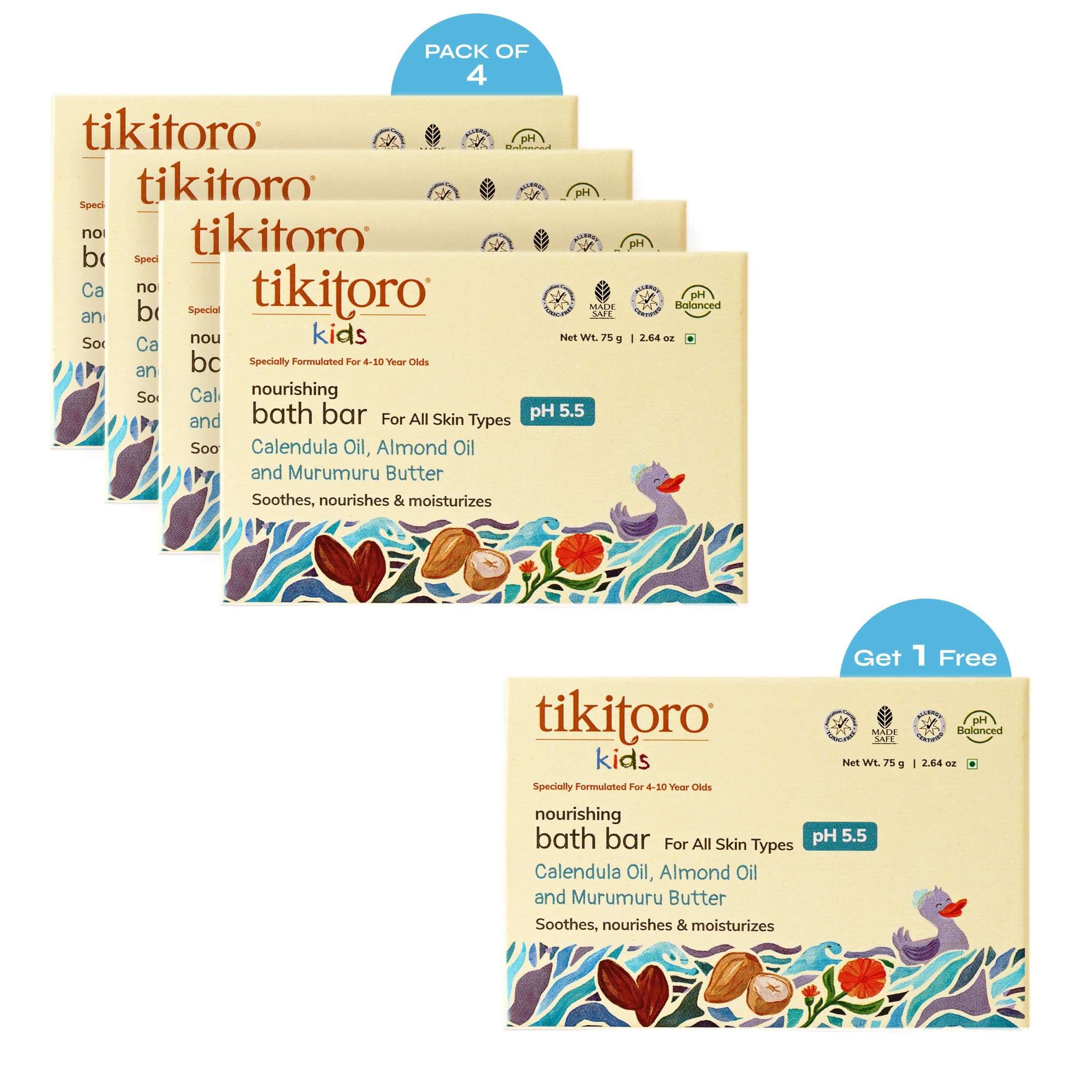 Tikitoro Kids Nourishing Bath Bar Value Pack (4 Plus 1 x 75g) | Pediatrician Approved | Murumuru Butter | Nourishes and Moisturizes Skin | All Skin Types, No Parabens & Sulphates (4-10 Years)