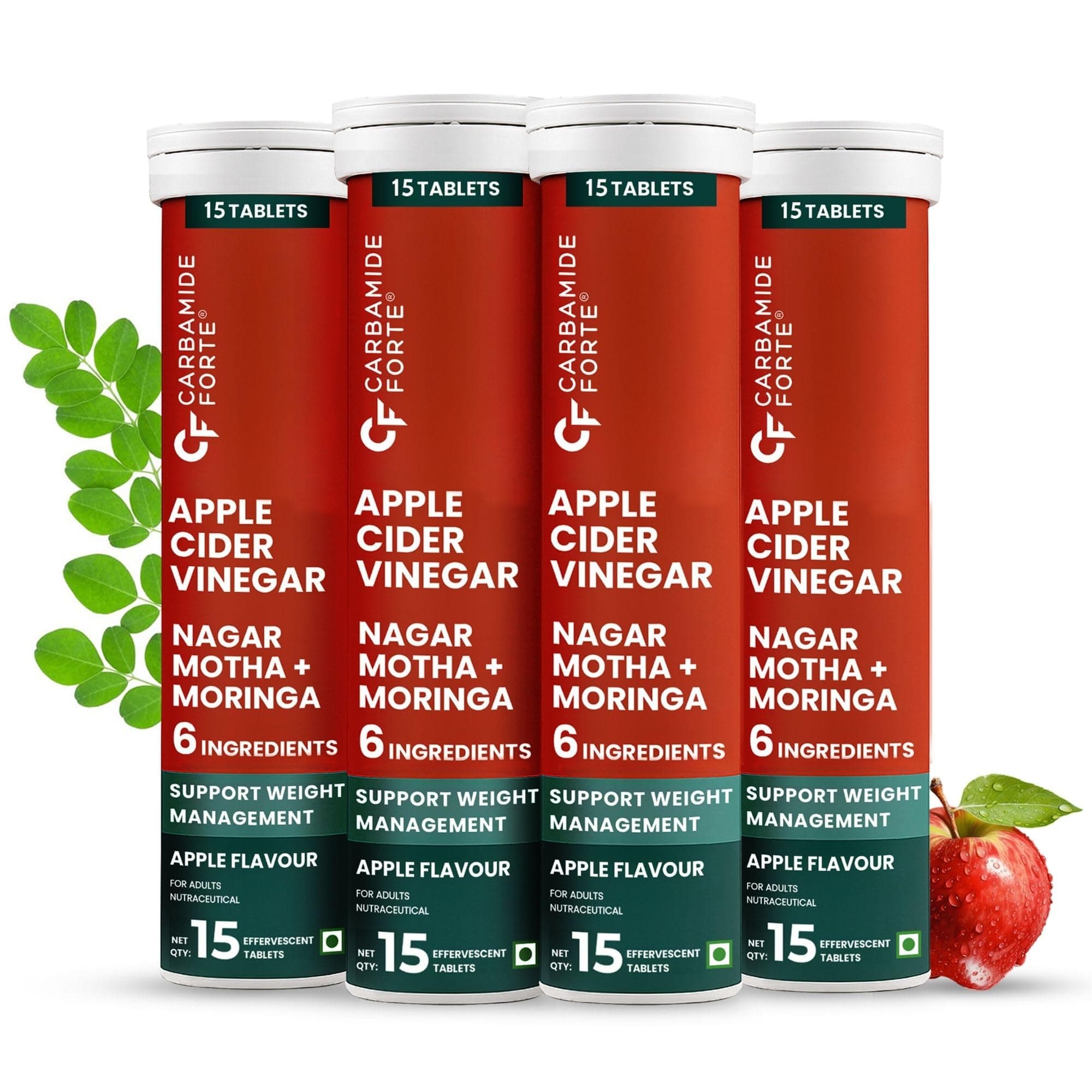 Carbamide Forte ACV Apple Cider Vinegar Tablets | ACV Moringa for Weight Loss with Cinnamon and Moringa Powder | No Maltodextrin & No Added Sugar | 15 ACV Effervescent Tablets (Pack of 4)