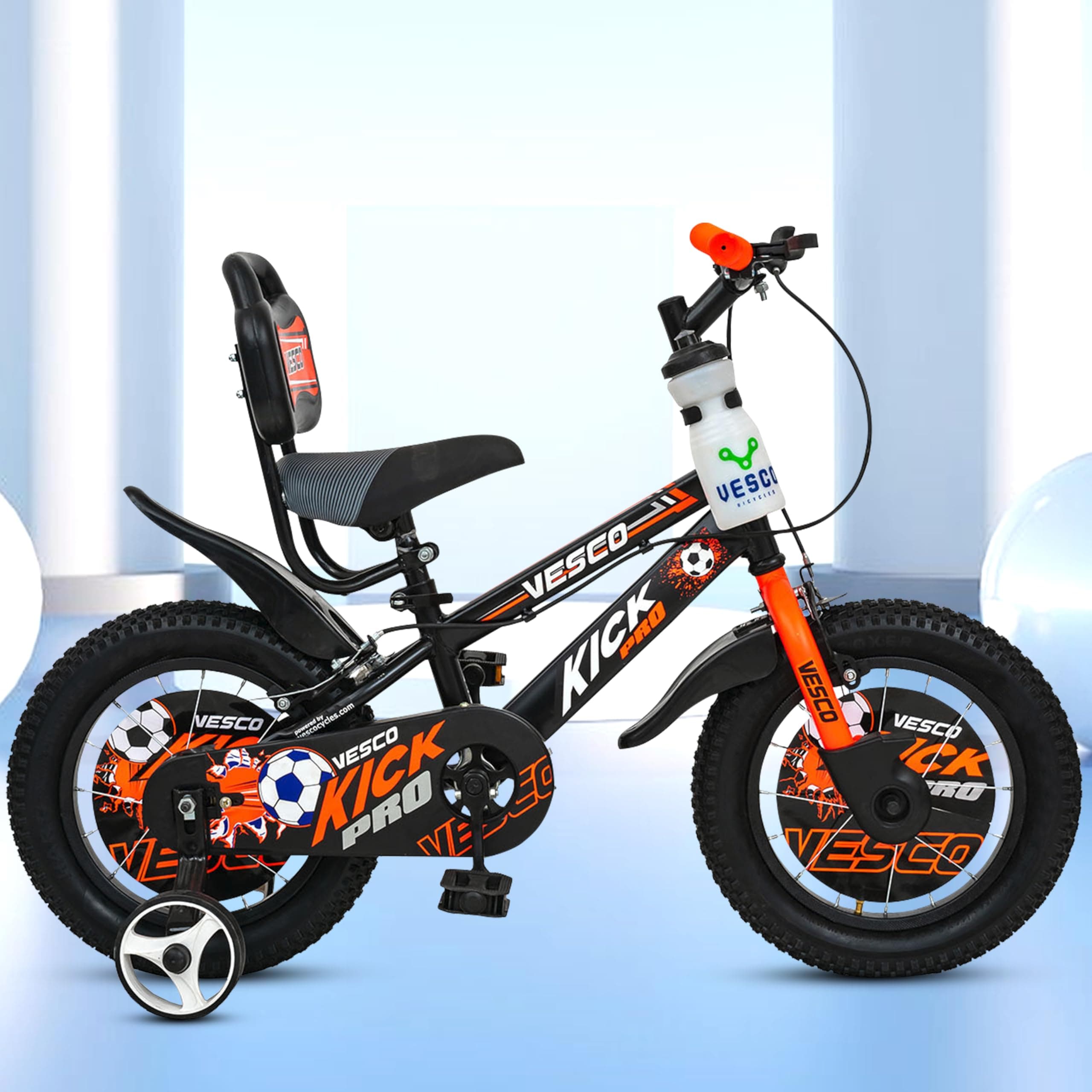 VESCO Kick Pro 14 Inch Bicycle for Kids Fully Adjustable with Back Rest & Rigid Fork | Support for Boys and Girls 3 to 5 Years (Orange)