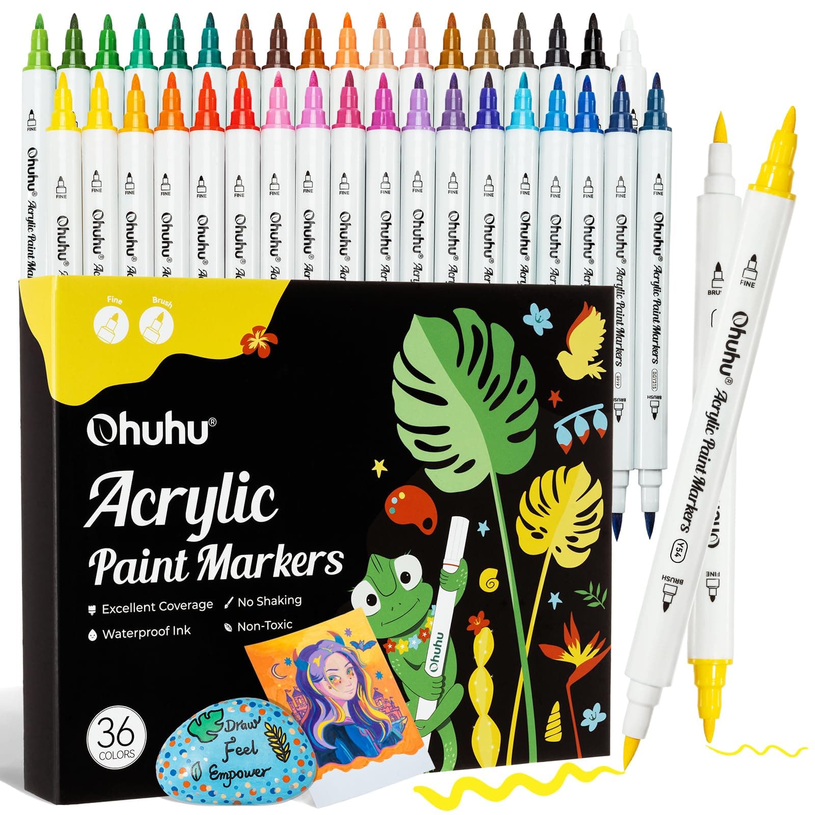 Ohuhu Acrylic Paint Markers 36 Colors: Dual Tips (Brush & Fine) Paint Pens High Opacity Acrylic Markers Waterproof Lightfast for Rock Painting Easter Eggs Wood Glass Ceramic Canvas, Multicolor
