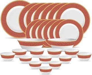 La Opala Diva Sovrana Collection Opal Glass Crockery | for Family of 6 | Dinner Set 27 pcs Regent Red | Plates & Bowls for Dining | Microwave Safe | 100% Vegetarian | Extra Strong | Light & White