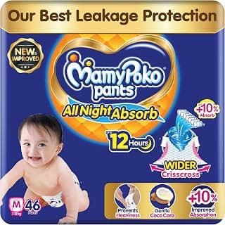New Mamypoko Pants Premium All Night Absorb| Pant Style Baby Diapers Medium Size(M), 46 Count, Ideal for 7-12Kgs|1 Diaper= Upto All Night Absorption now with 10% increased power|Wider Crisscross Sheet|Gentle Coco Care| 12hr Leakage Protection| Prevents Heaviness.