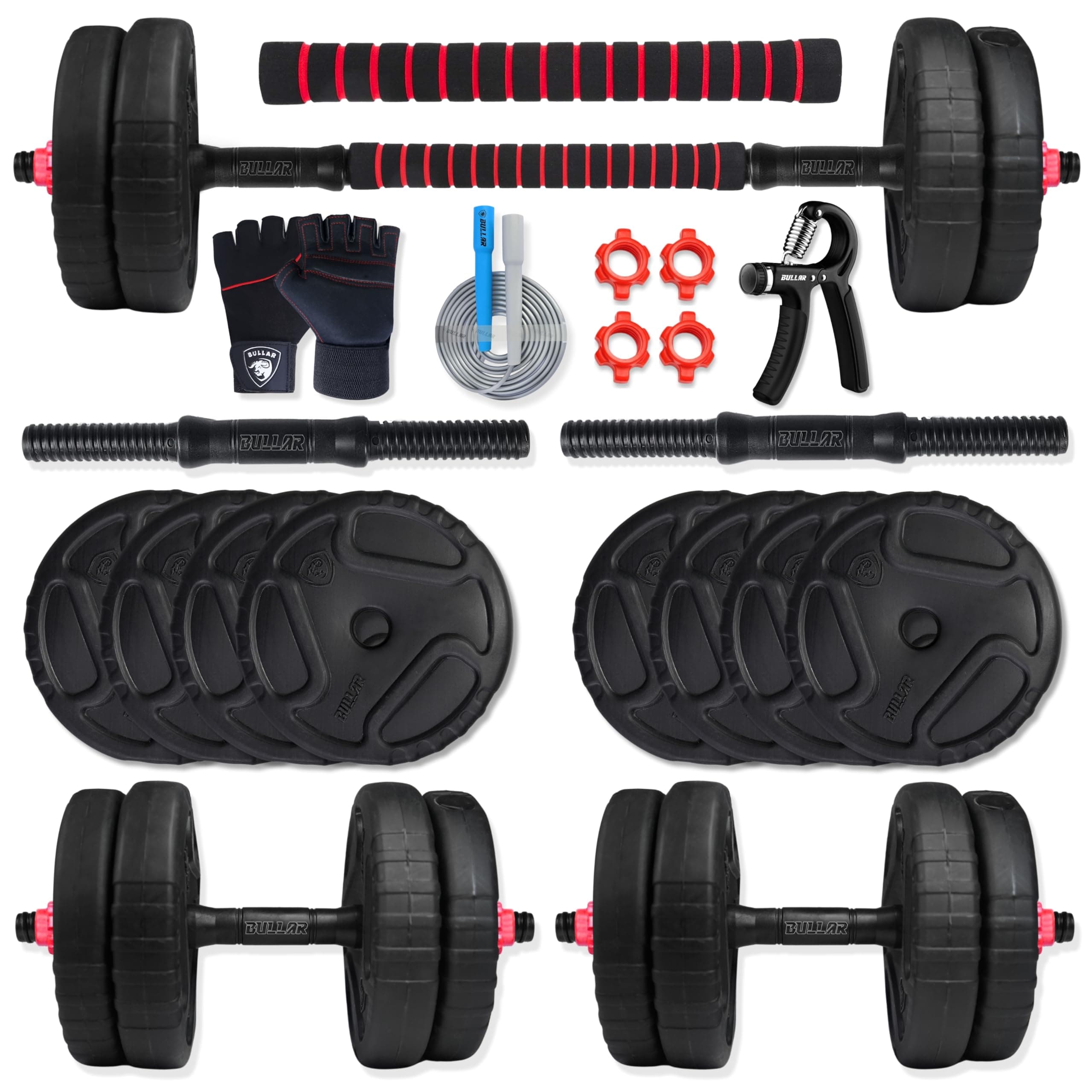 BULLAR Premium Adjustable Dumbbells Set 8 Kg to 30 Kg with Pair of Dumbbell Rods and PVC Weight Plates with Connector Rod and Accessories (16Kg combo with connector + Acc)