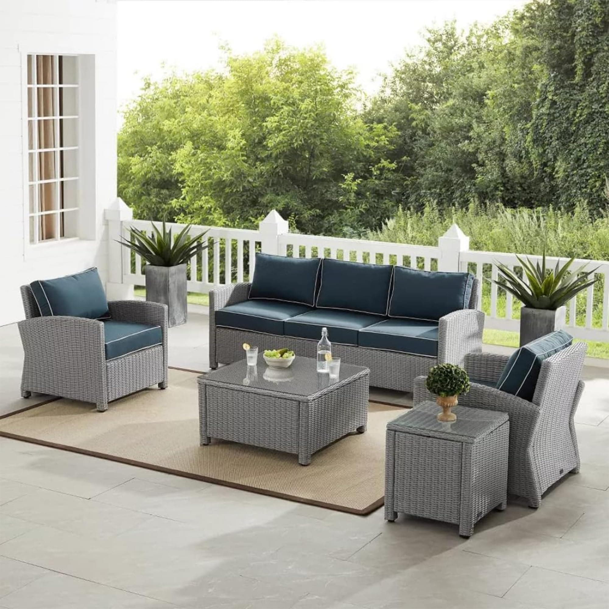 BRISHI Outdoor Sofa Set || Patio Furniture Sets || Balcony Sofa || Indoor Sofa || Wicker Rattan Garden Sofa Set with Cushion and Center Table (5 Seater,Grey with Navy Blue Cushions)