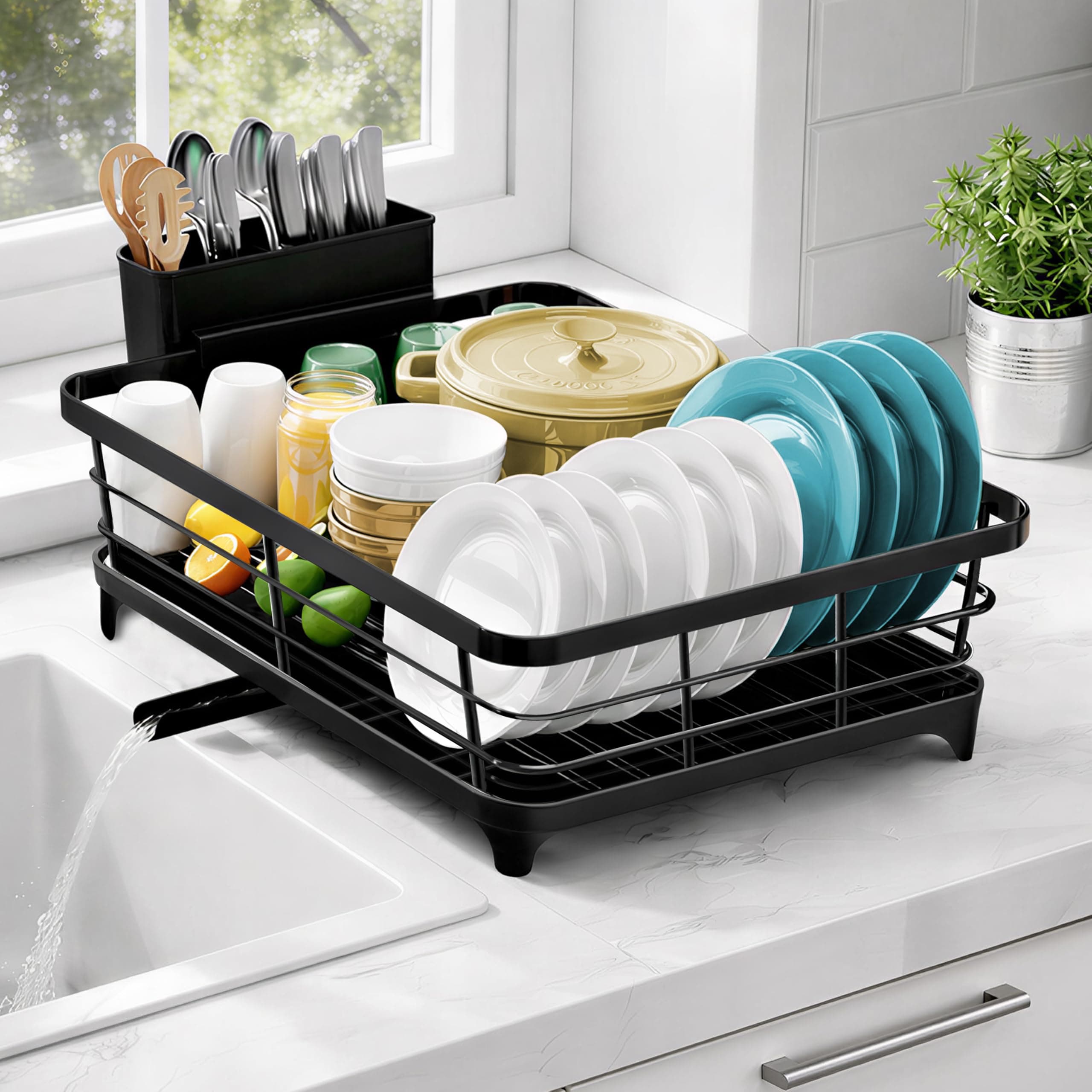 Plantex Stainless Steel Dish Drying Rack/Vessel Drainer Basket with Tray/Smart Drainage Drainboard with Detachable Cutlery Holder/Utensils Drying Rack for Kitchen- (43 X 32 X 12 cm, Black)