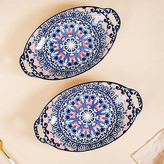 Nestasia Set of 2 Blue Mandala Design Ceramic Serving Platter with Handles for Snacks, Appetizers, Salads, and Noodles | Microwave Safe, Dishwasher Safe (10.8 Inch)