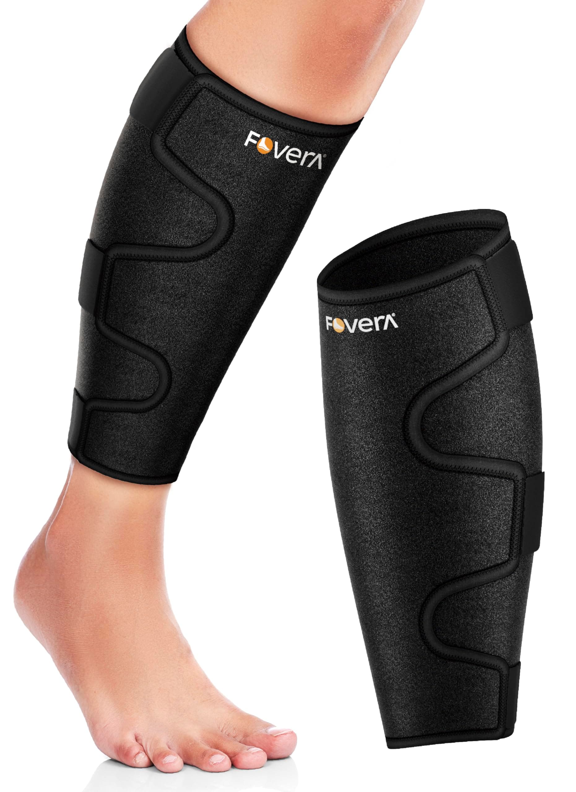 FOVERA Adjustable Calf Support Brace - Breathable Neoprene Material - Shin Splint Compression Wrap - for Pain Relief, Swelling Reduction & Improved Circulation - For Men & Women (Universal, Single)