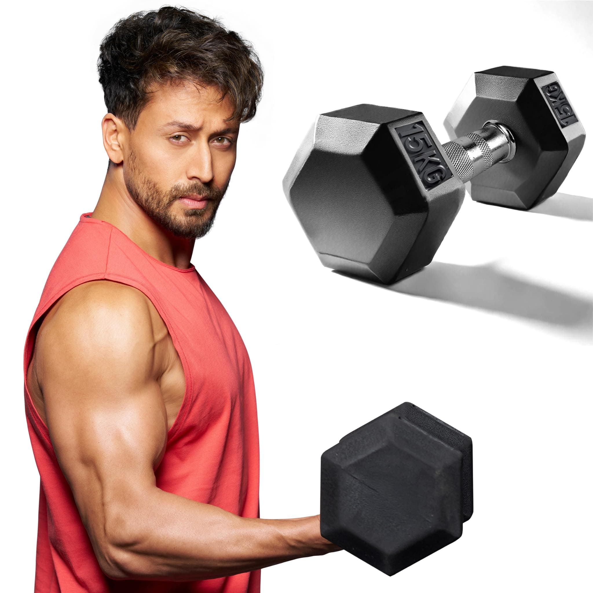 Slovic Dumbbells for Home Gym [1 x 15 KG] | Single Gym Dumbbells for Home Workout | Durable & Anti-Skid Rubber Dumbbells | Gym Equipment for Home Workout | Hexa Dumbell Weights for Men & Women