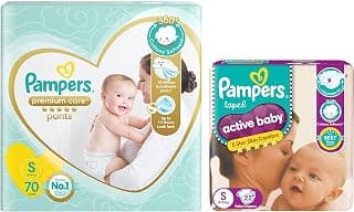 Pampers Premium Care Pants, Small size baby diapers (SM), 70 Count, Softest ever Pampers pants & Active Baby Taped Diapers, Small size diapers, (SM) 22 count, taped style custom fit