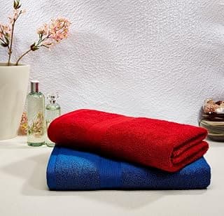 Amazon Brand - Solimo 100% Cotton 2 Piece Bath Towel Set, 500 GSM (Iris Blue and Spanish Red)