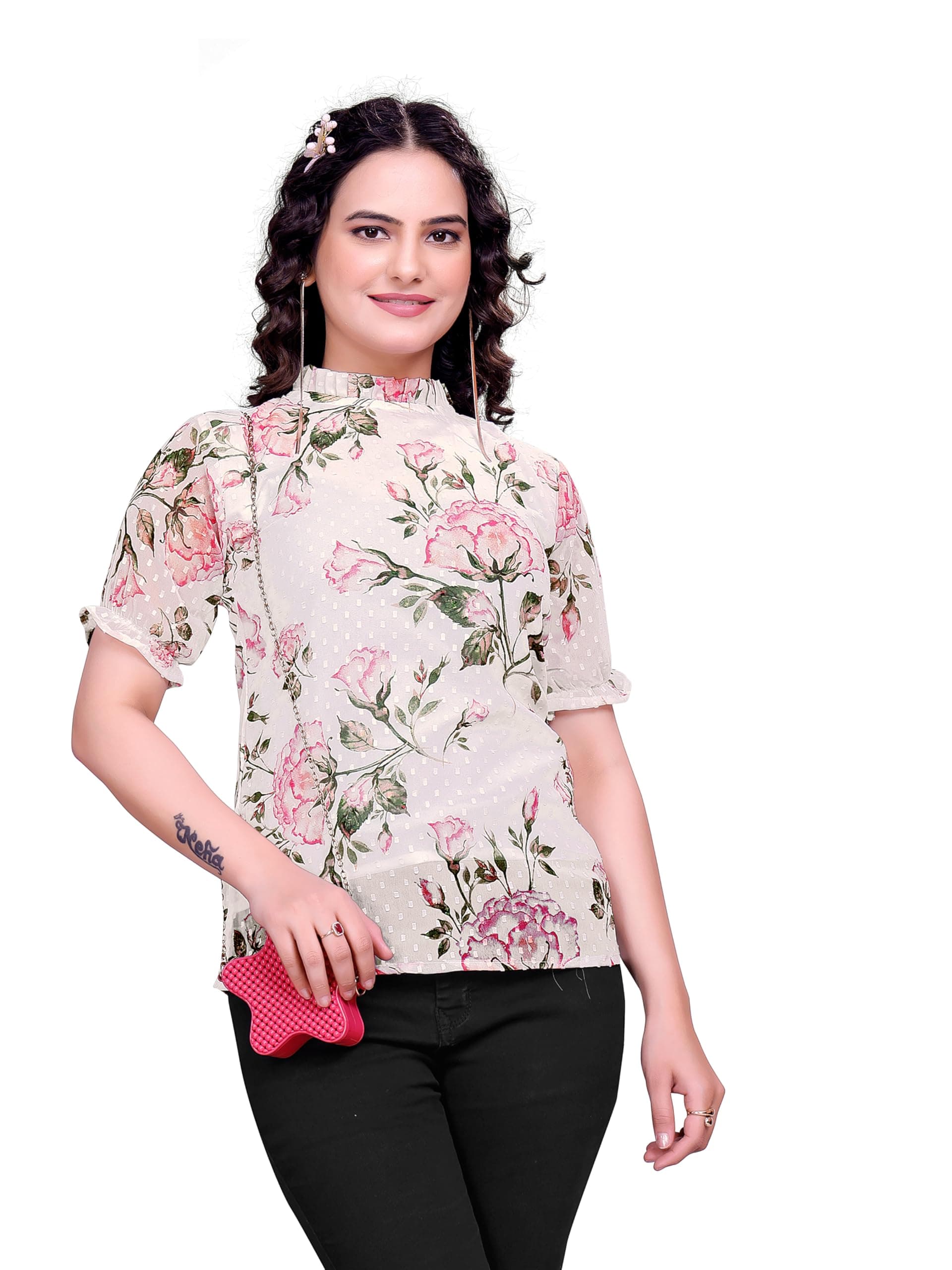 Sidhidata Women's Floral Butti Printed Georgette Top – Lightweight, Stylish & Perfect for Casual (Top Farishta)