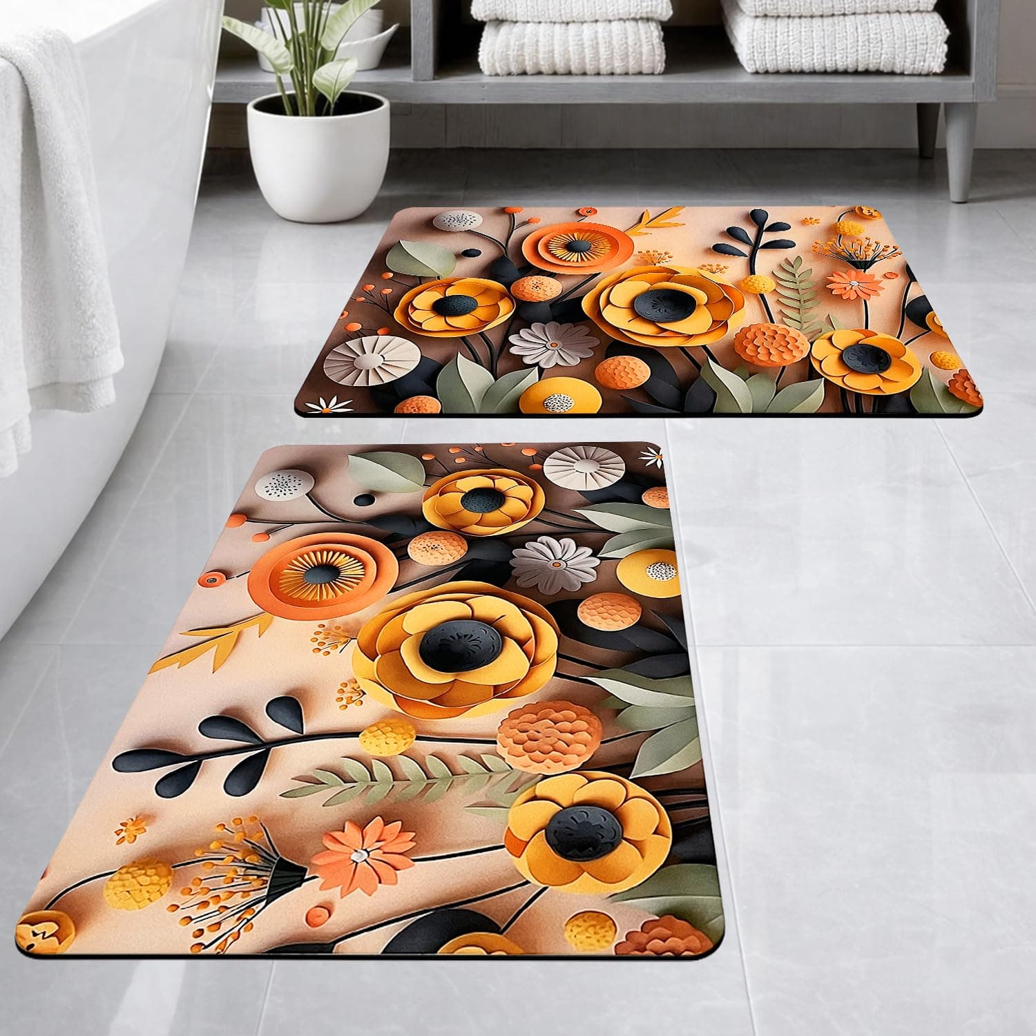 SITTELLA® Rubber 2 Pieces Anti-Skid Water Soaking 3D Yellow Flower Print Bathroom Mat, Water Absorbent Mat (40x60cm) (Yellow Flower Print) Rectangular