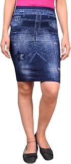 Krystle Women's Cotton Denim Printed Skirt (Blue, Free Size)