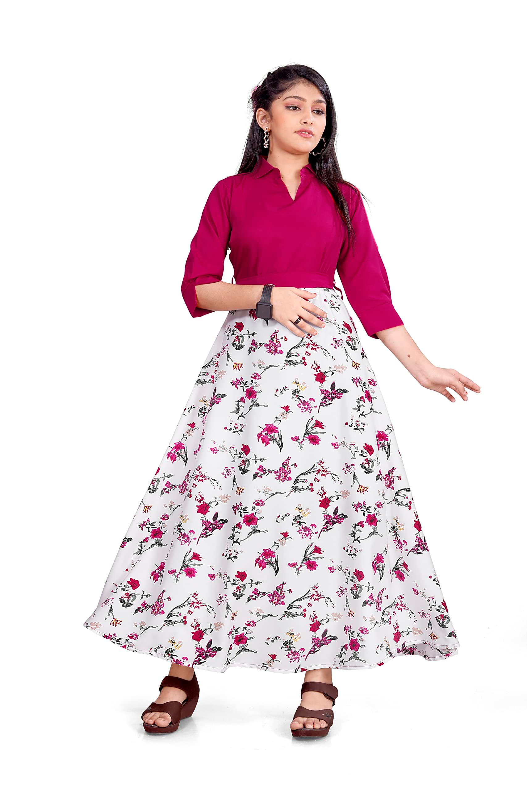 Aarya DESIGNER Girls Crepe Collar Neck Full Lenth Fit And Flare Gown Pink, 14 Year-15 Year