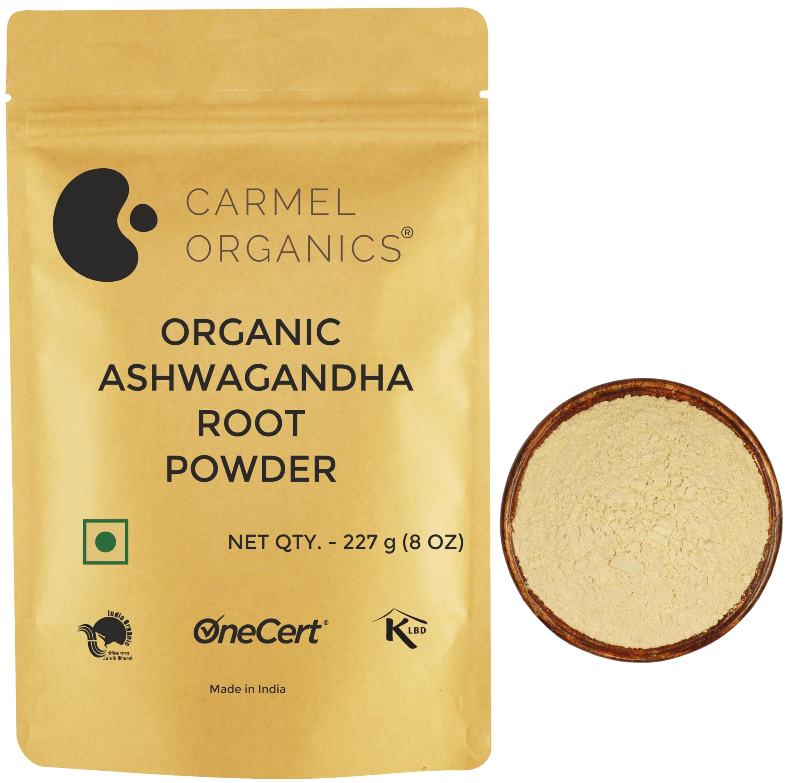CARMEL ORGANICS Ashwagandha Root Powder 227 Grams | Withania Somnifera | Amukkara Kilangu, Penneru Gadda | Jaivik Bharat Certified | 100% Pure & Natural No Added Preservatives