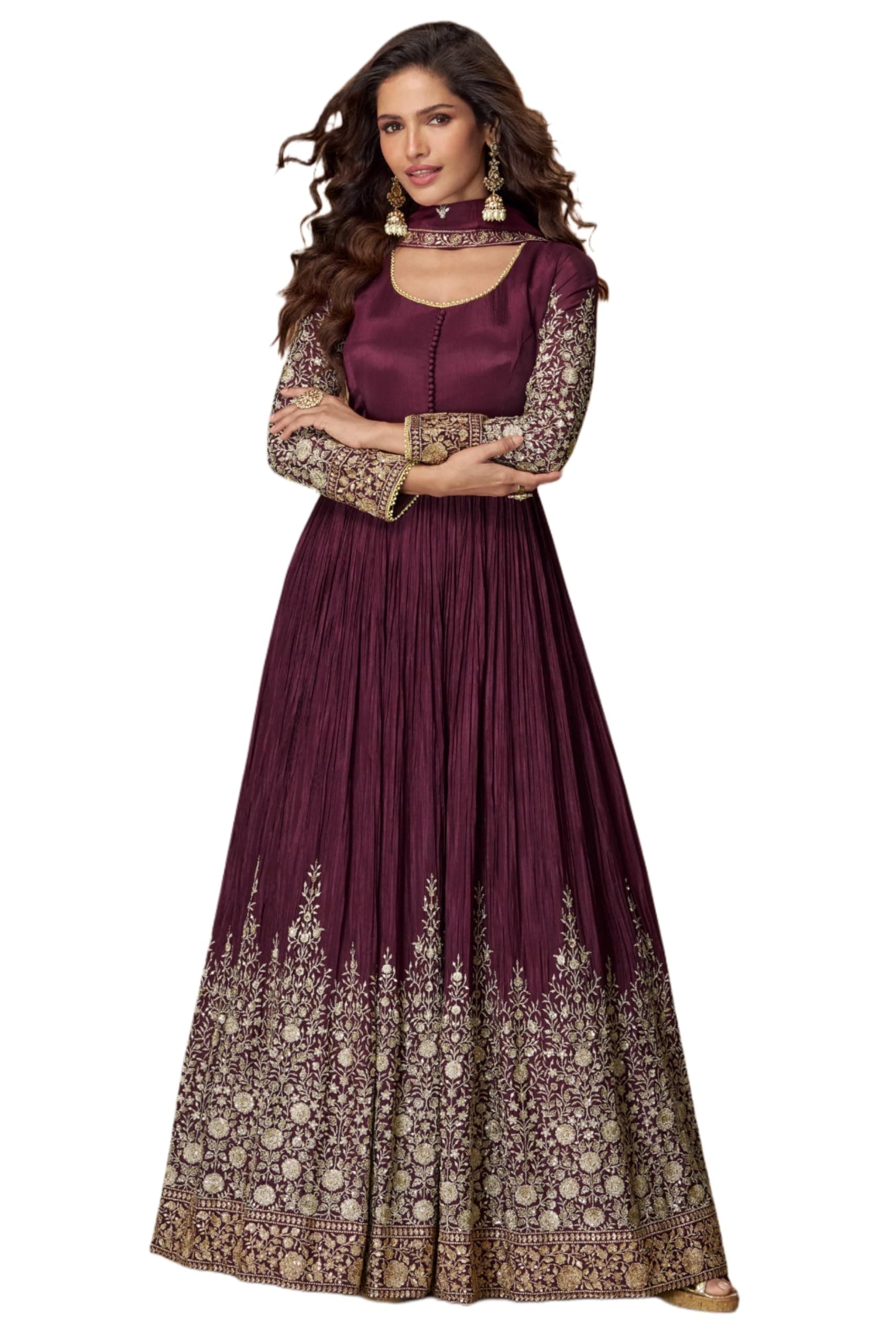 Miss Ethnik Women's Purple Chinon Stitched Gown with Embellished Dupatta Full Sleeve Embroidered A-Line Gown (ME-1309)