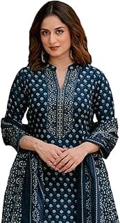 Arayna Women’s Pure Cotton Printed Kurta Pant Dupatta Set with Hand-Finished Embroidered Neckline | Straight Ethnic Suit Set for Women