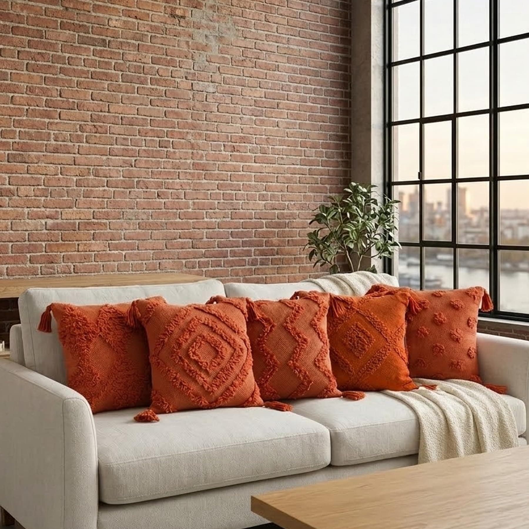 SILK & YANA 16x16 Cotton Cushion Covers Set of 5 | Hand-Tufted Decorative Throw Pillow Covers with Boho, Geometric & Textured Designs | Tassel-Trimmed Covers for Sofa | Terracotta