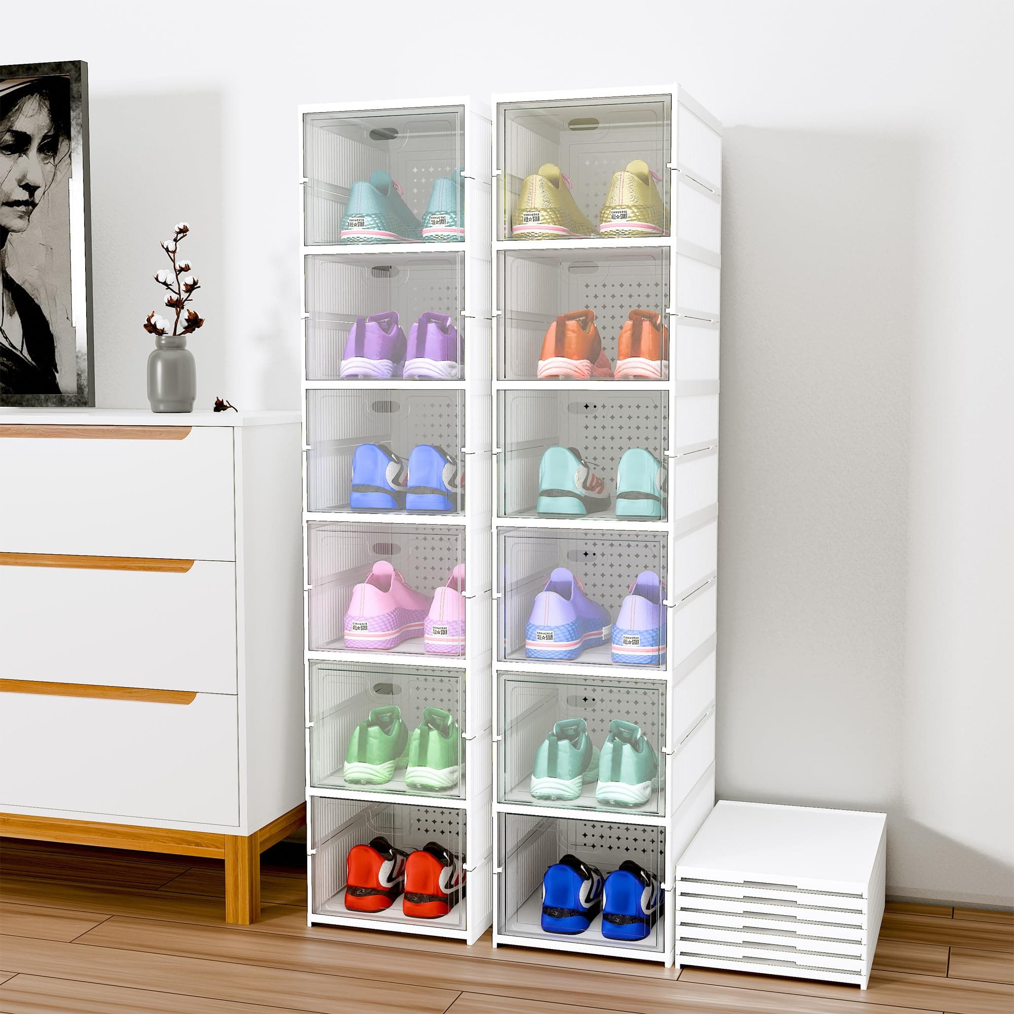 Kuber Industries Pack of 2 Plastic 6 Layer See Through Closed Shoes Racks for Home | Shoe Boxes Storage/Sneaker Shoe Box Stand | Organizer for Wardrobe | Collapsible Shoe Rack Storage | White