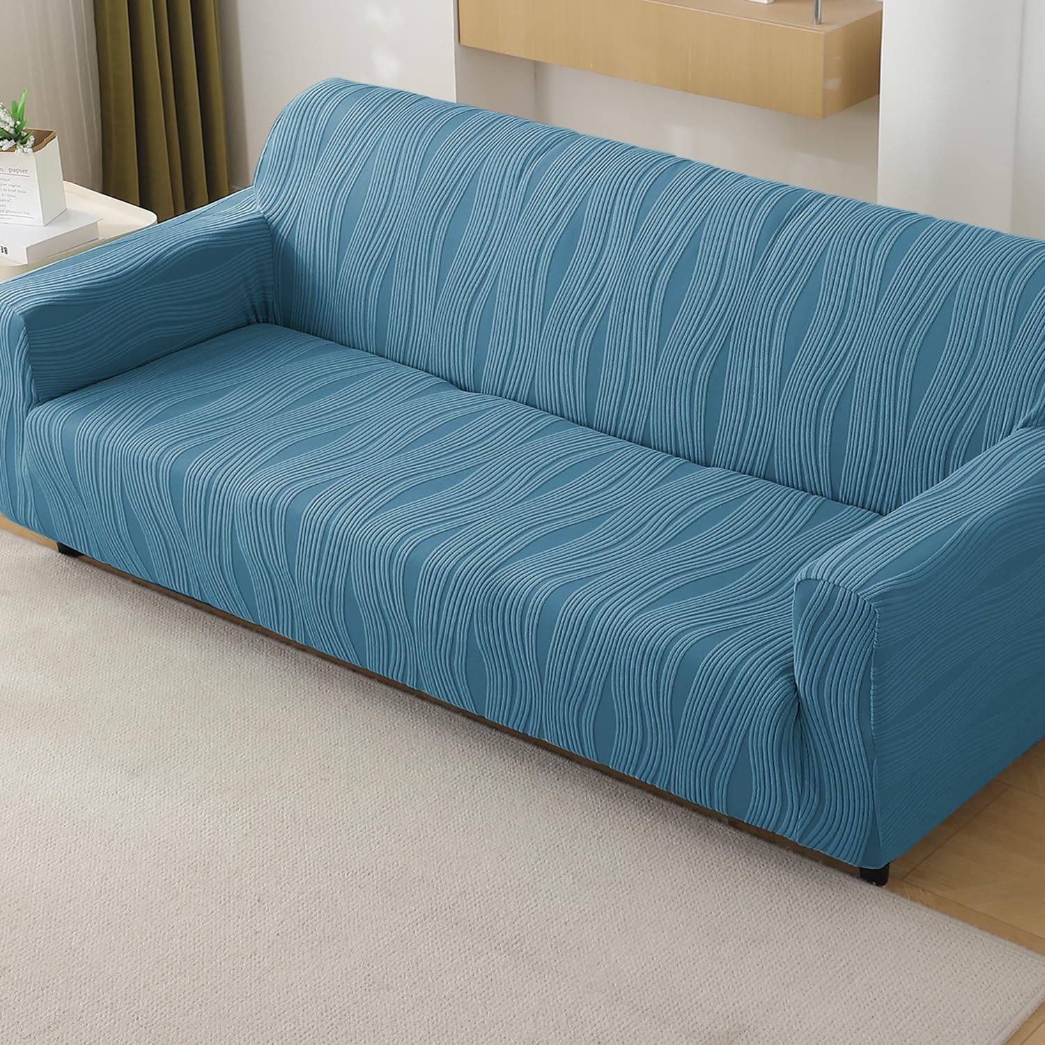 HOKIPO 200 GSM Premium Knitting Jacquard Fully Covered Stretchable Sofa Cover for 4 Seater, 'Nestiva Series' Sea Blue (NEW-5310-BL)