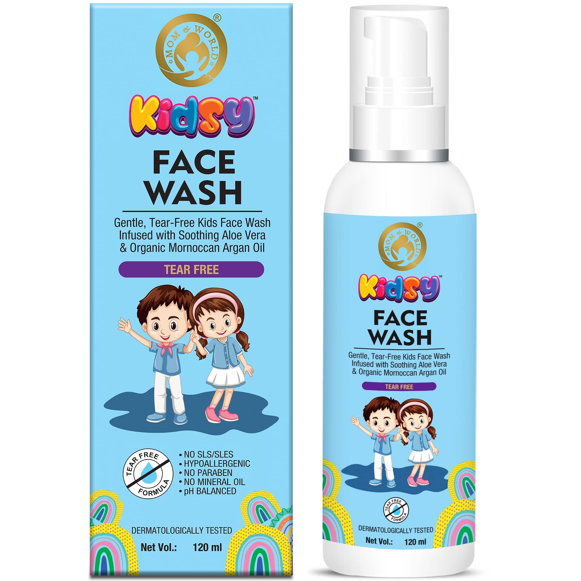 Mom & World Kidsy Face Wash Tear-Free, 120ml With Aloe Vera & Organic Moroccan Argan Oil | NO SLS/SLES | Dermatologically Tested | Hypoallergenic | No Paraben | No Mineral | pH Balanced Tear-Free