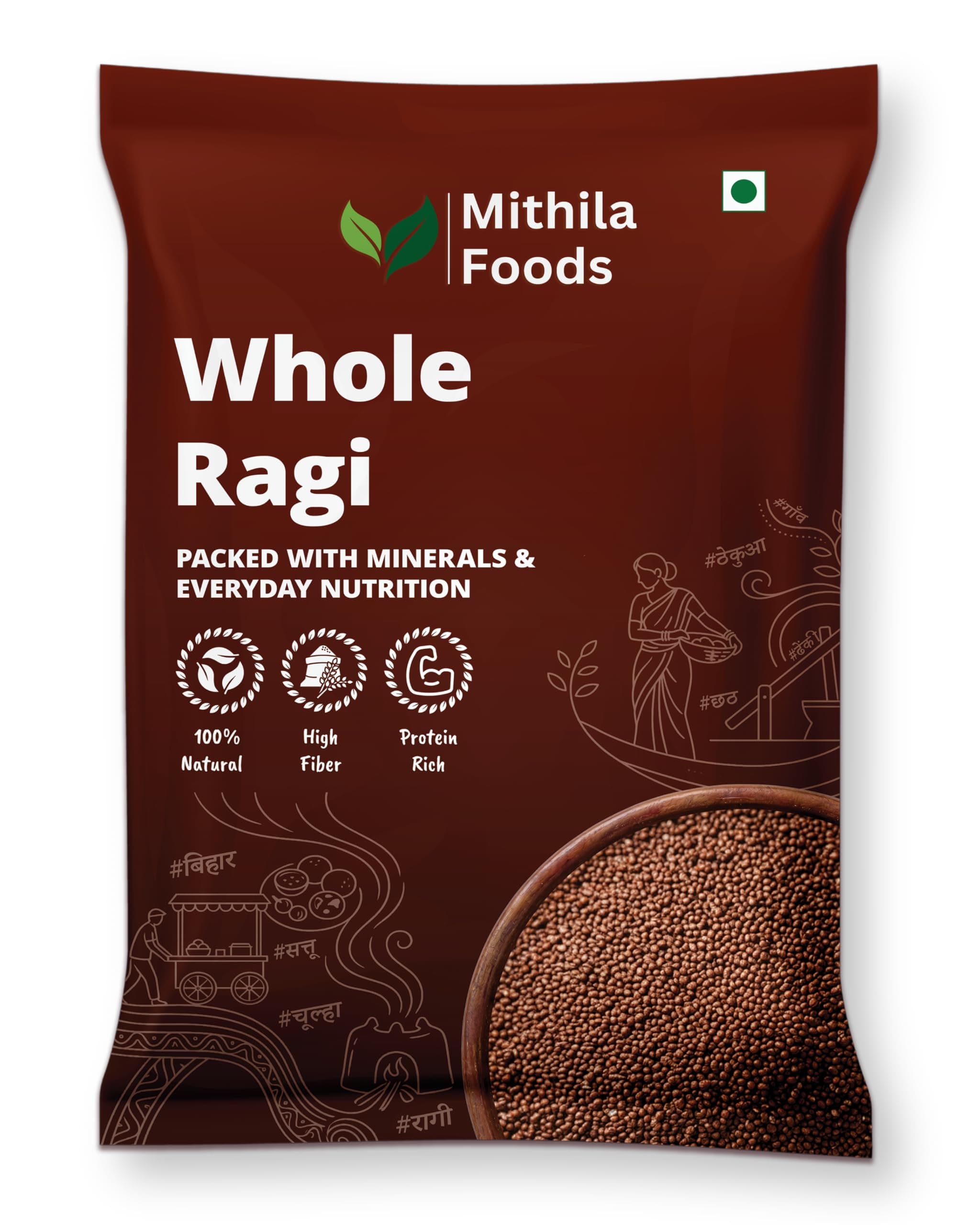 MITHILA FOODS 1 kg Unpolished Whole Ragi (Finger Millet/Nachni/Mandua/Kezhvaragu/Ragulu) | High Calcium & Fibre | Gluten-Free Supergrain from Gumla, Jharkhand - India’s Ragi Capital