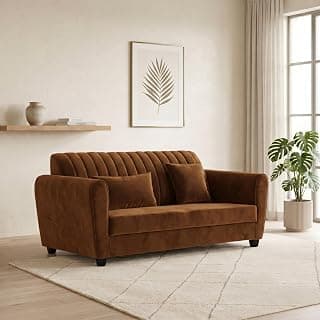 Velvet 2 Seater Sofa, Chesterfield Tufted Sofa with Nailhead Trim, Rolled Arm Sofa with Wood Legs for Living Room & Office (Brown)