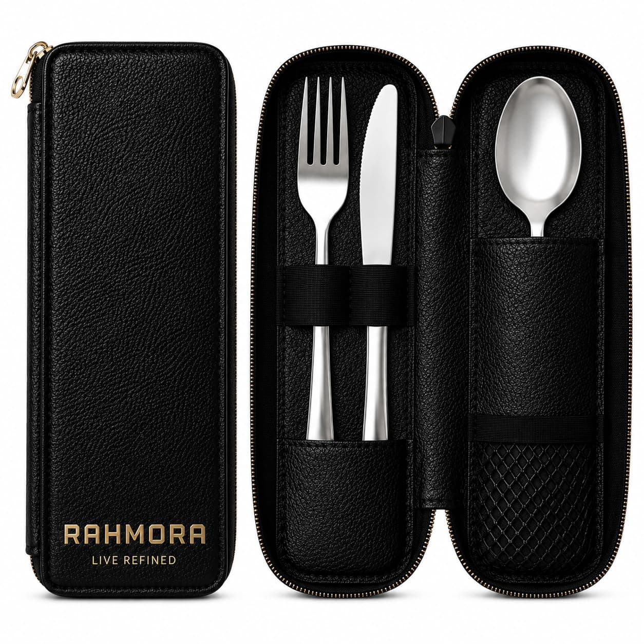 RAHMORA Premium Stainless Steel Travel Cutlery Set with Leatherette Case | Spoon Fork Knife Set | Portable Reusable Cutlery for Lunch Box, Tiffin, Office & Travel