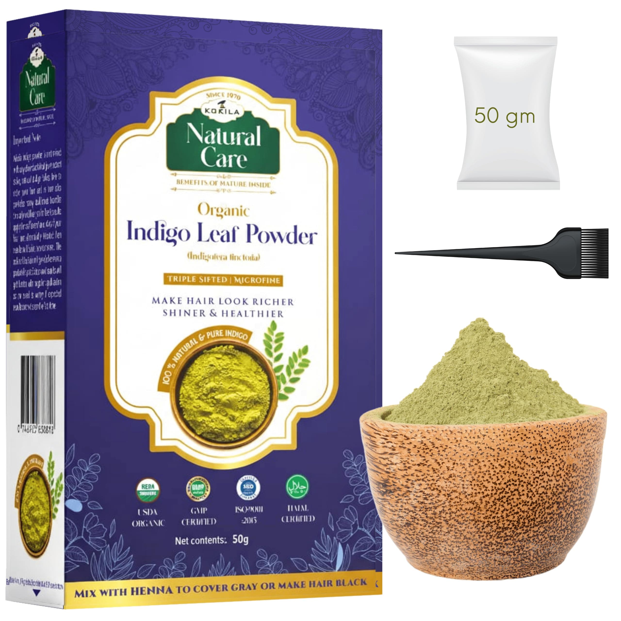 Kokila Indigo Powder 100% Naturals & Organic Hair Coloring - Dark Brown Color - 1Box (50Gm)