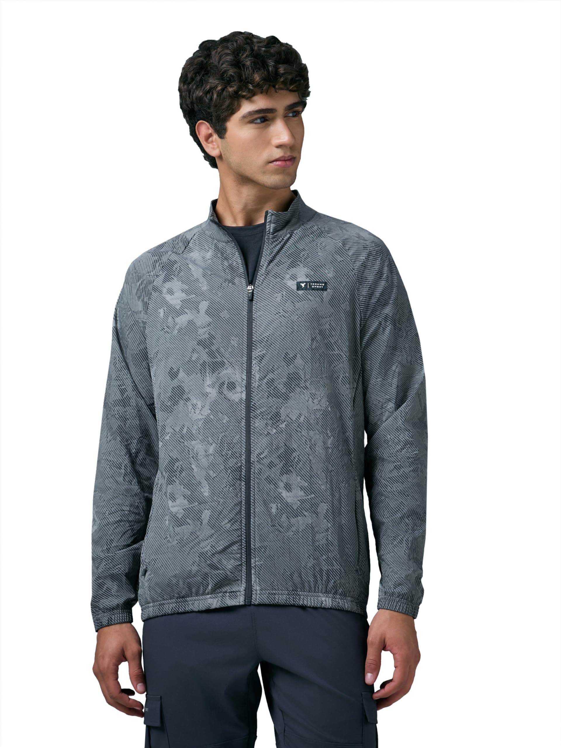 TECHNOSPORT Men's Slim Fit All Over Print High Neck Jacket With UPF50+, Quick Dry for Sports, Gym & Regular Use
