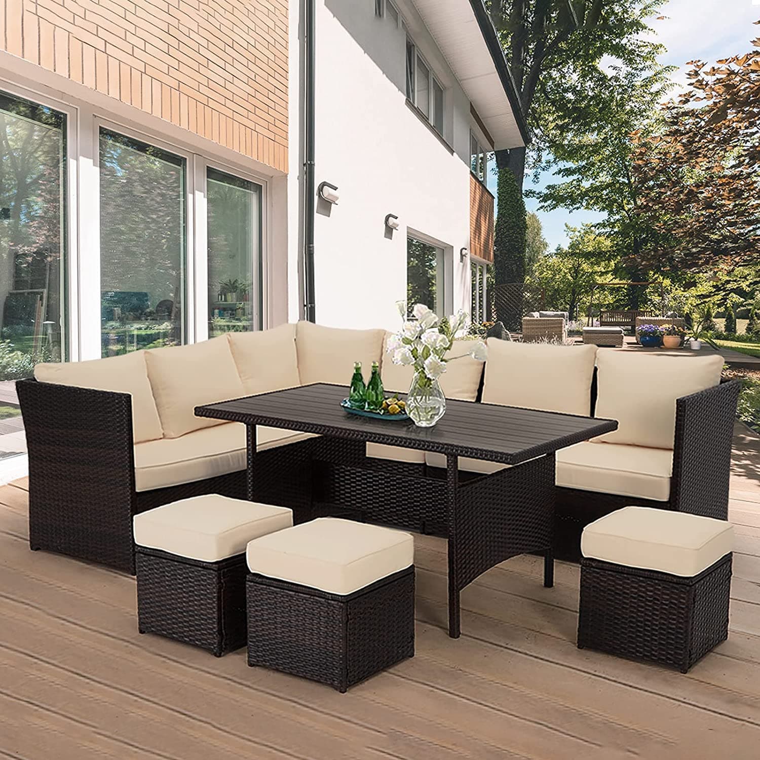 DEVOKO 6-pcs Conversation Wicker Sofa Wooden top Dining Table, Outdoor Patio Furniture Set with Cushions for Garden, Poolside, Balcony (Dark Brown and Cream)