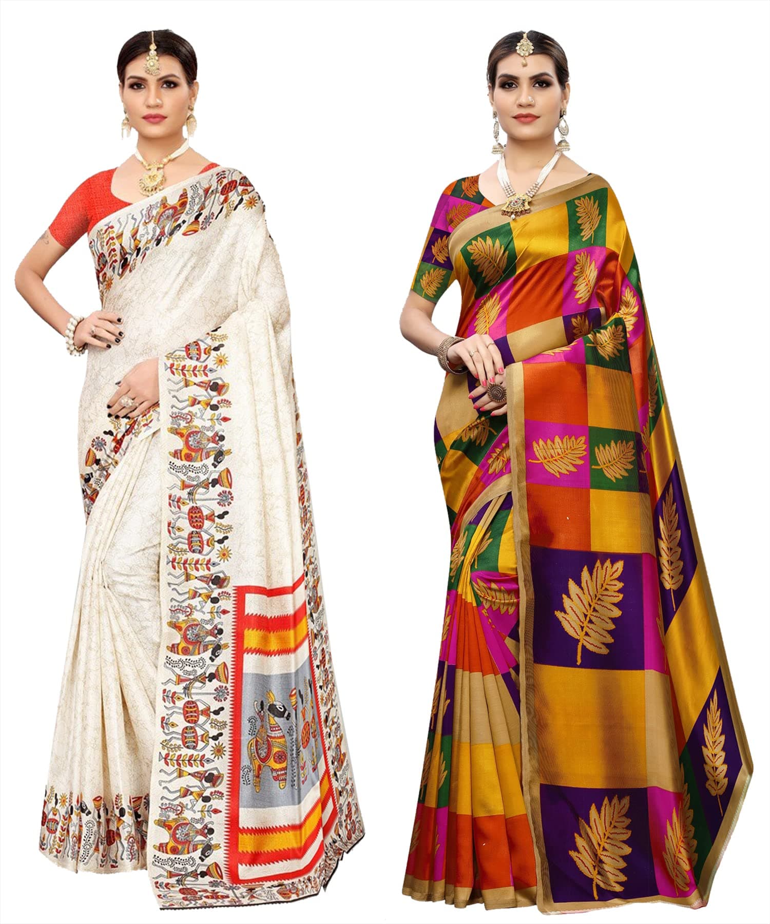 Yashika Women's Combo Art Silk Printed Saree With Blouse Piece Pack Of 2(VIVO ORANGE-METRO NAVY)