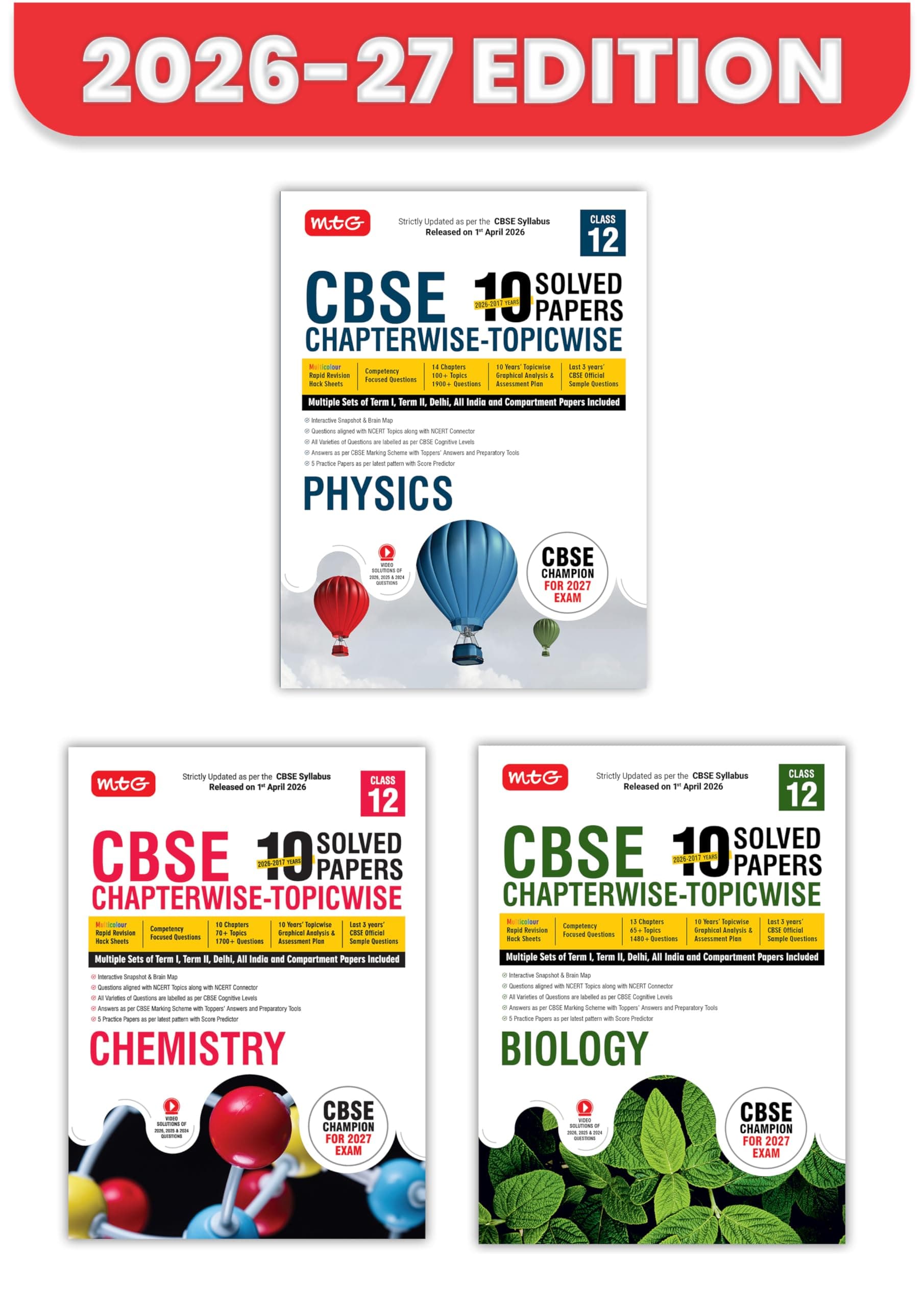 MTG CBSE Class 12 PYQs Book | 10 Years (2026-2017) Chapterwise Topicwise Solved Papers Class 12 Physics, Chemistry, Biology (Set of 3) - CBSE Champion ... | CBSE Sample Papers (As Per Latest Pattern)