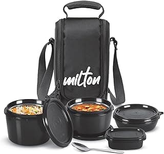 Milton Pro Munch Tiffin (3 Microwave Safe Inner Steel Containers,180/320/450/100ml; 1 Plastic Chutney Dabba; Steel Spoon) with Insulated Fabric Bag, Black, Leak Proof, Odour Proof, Easy to Carry