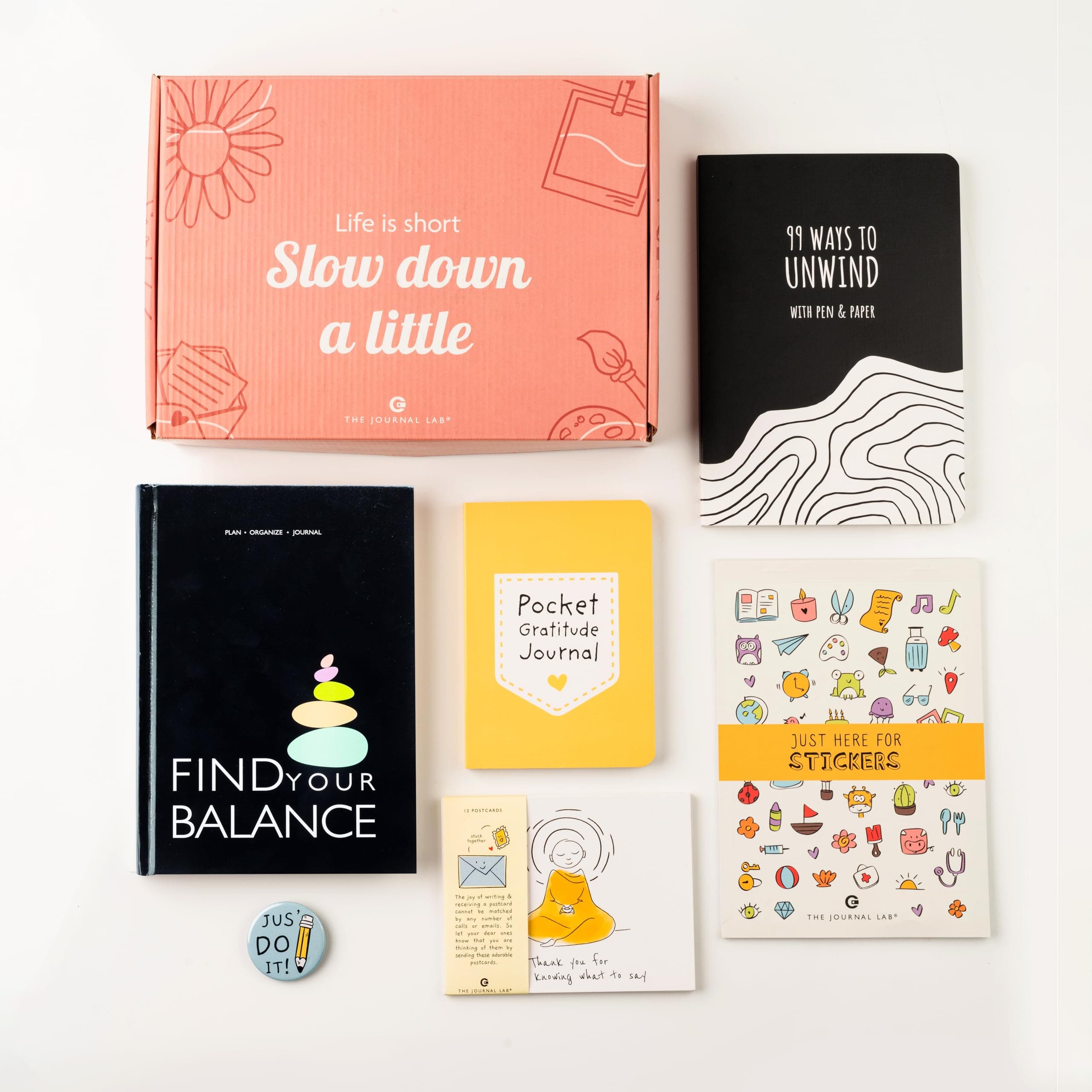 Slow Down a Little Combo Journal Kit - Find Your Balance 4Month Planner (Midnight Black); Pocket Gratitude & Unwind Destress Journal; Sticker Book; Set of 12 postcards; Fridge Magnet