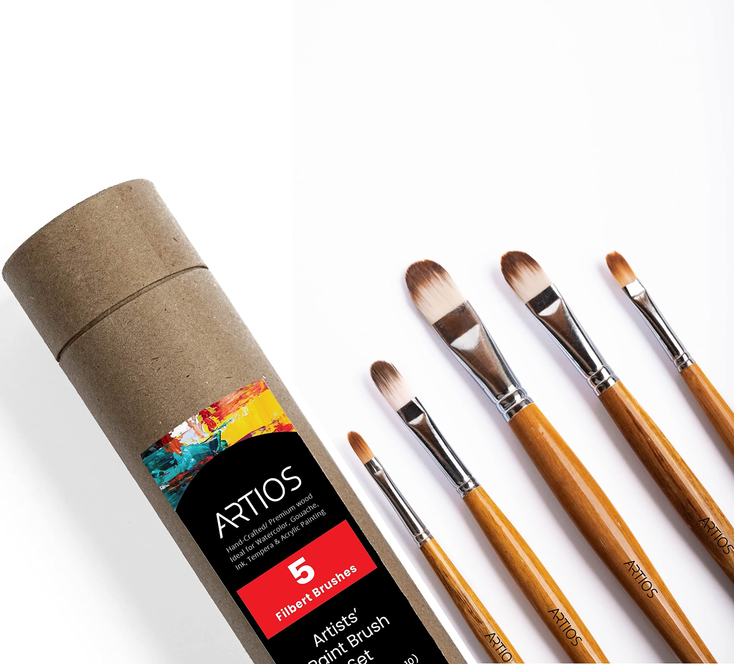 ARTIOS Filbert Paint Brushes Set/Handmade Professional Artist Painting Brush Set for Acrylic, Watercolor, & Gouache Painting with Brush Holder - Cruelty-Free (5 Filbert Brushes)(Wood)